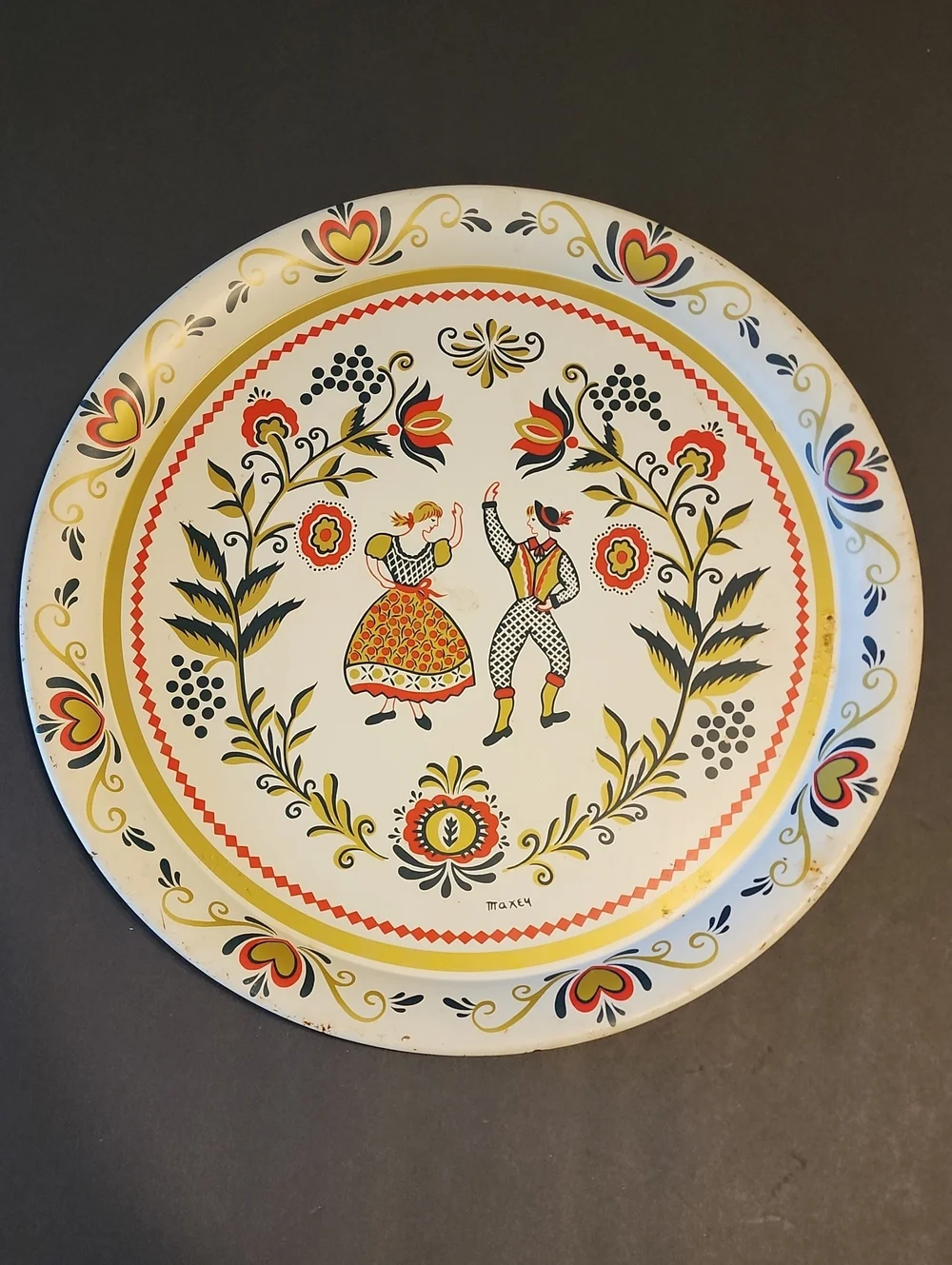 MAXEY Vintage Folk Dance Decorative METAL TRAY in Cream, GOLD & Red